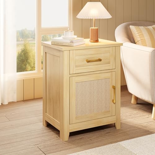Image of Decofy Rattan Nightstand Set of 2 with Charging Station, Drawer and Cabinet