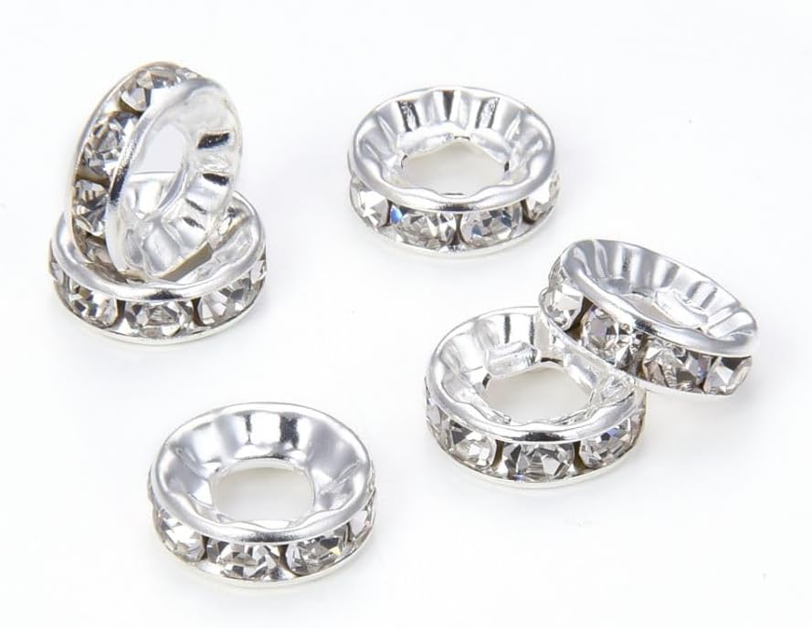 200pcs Adabele Grade A 10mm Crystal Rhinestone Rondelle Loose Beads (Large Hole 5.5mm) Sterling Silver Plated Spacer for DIY Craft Jewelry Making CF5-10