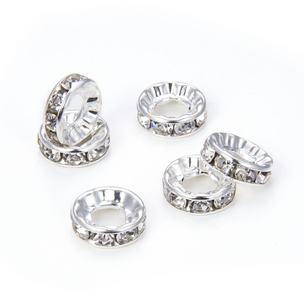 100pcs A Quality 12mm (0.47 Inch) Silver Rhinestone Rondelle Spacer Metal Beads (Large Hole 5mm) for Jewelry Craft Making CF2-12