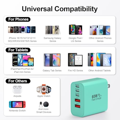 Image of USB C Charger Block, 60W 5-Port Type C Charger Fast Charging Blocks | USBC Multiple Port Wall Charger Plug for iPhone 17 /16 /15 /14 /13 /12 /11 Pro Max, Samsung Galaxy, Android Phone, iPad, Green