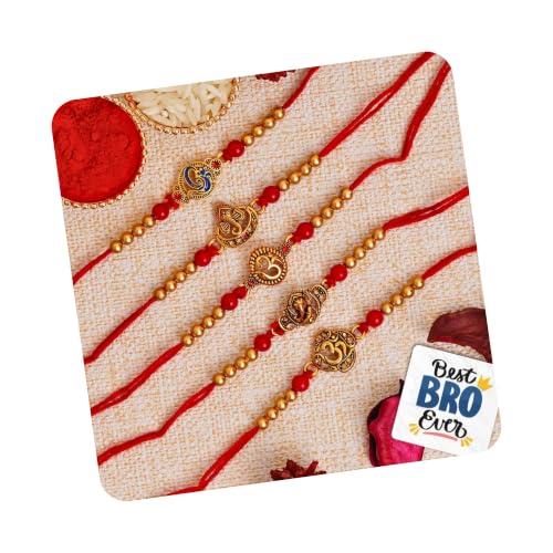 eCraftIndia eCraftIndia Set of 5 Red & Golden Om Symbol and Lord Ganesha Designer Religious Rakhi with Roli Chawal Pack and Best Bro Ever Fridge Magne