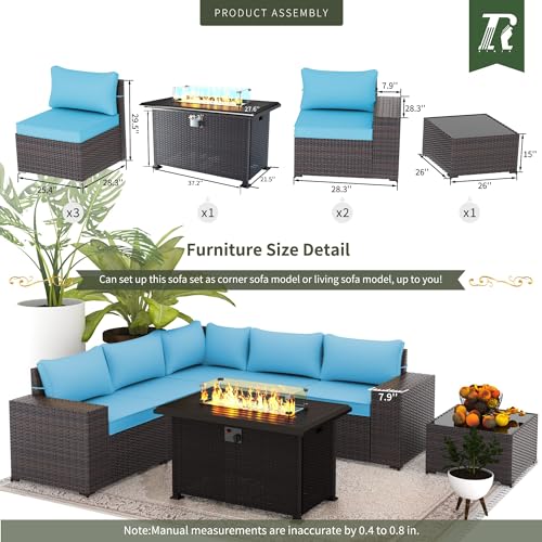 Image of 7 PCS Outdoor Patio Furniture Set,Outdoor Sectional Furniture with 43 inch 55000 BTU Gas Propane Fire Pit Table,All Weather PE Rattan Wicker Patio Conversation Set,Turquoise Blue