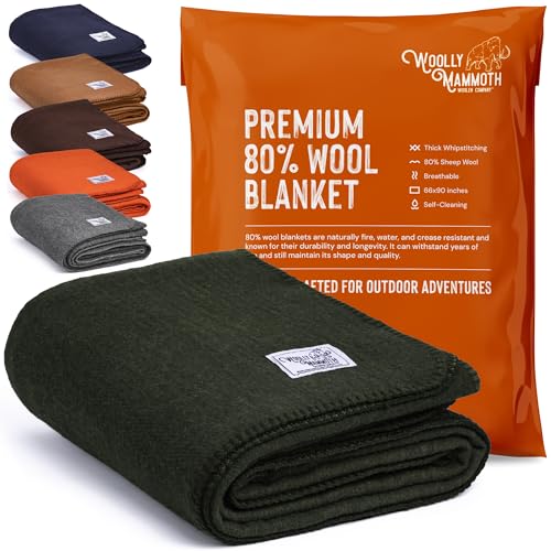 Woolly Mammoth Merino Wool Blanket – Large 66″ x 90″, 4LBS Camp Blanket | Throw for the Cabin, Cold Weather, Emergency, Dog Camping Gear, Hiking, Survival, Army, Outside, Outdoors – Hunter Green
