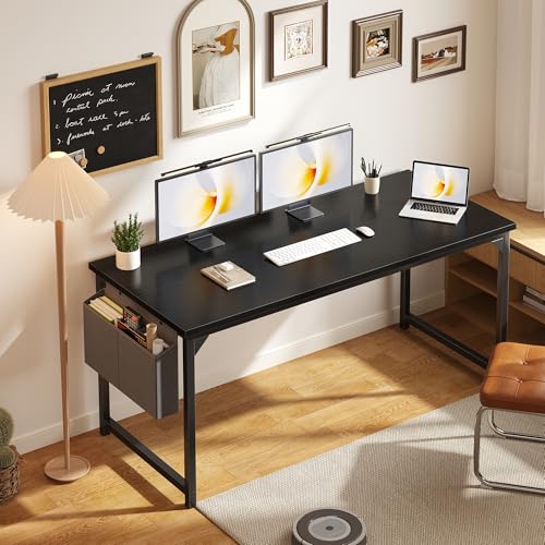 Image of OLIXIS Computer Desk, 63 Inch Gaming Desks for Home Office Small Spaces | Writing Study Craft Work Table, Computer Workstation for Bedroom with Storage Bag, Black
