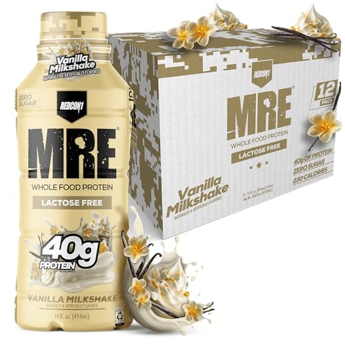 REDCON1 MRE Ready to Drink Protein Shake, Vanilla Milkshake - Lactose + Whey Free RTD 40gr Protein Made with Real Whole Food Protein Blends - Keto-Friendly, Easy to Digest Nutritional Shake (12 Pack)