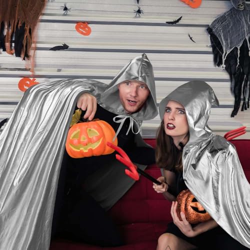 Aomig Silber Umhang Vampir Umhang Jedi Mantel Mittelalter Umhang mit Kapuze Erwachsene Unisex Scream Kinder Cape Kostüm Damen Halloween Costume Maskerade Familienfeier Herren Karneval Cosplay-150cm