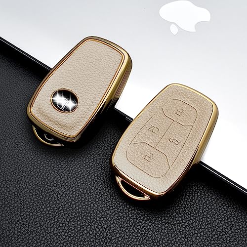 Image of JVCV Premium Soft Gold Border TPU Leather Pattern Key Cover Compatible with Tata Nexon, Harrier, Tiago EV, Altroz, Tigor, Safari, Nexon EV, Punch, Punch EV 4 Button Smart Key (Beige)