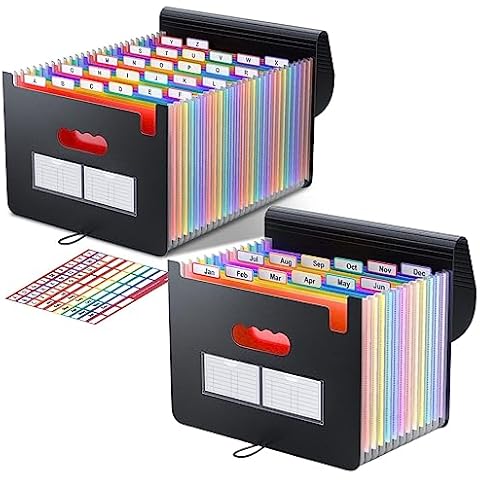 ThinkTex Accordian File Organizer, 12 & 26 Pockets Expanding File Folders, Monthly Bill Receipt Documents Organizer, Colorful Tabs, Letter/A4 Size Cover