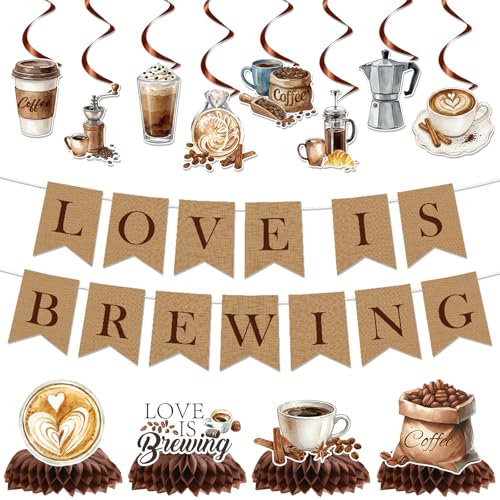 Image of Love Is Brewing Bridal Shower Decorations, Coffee Bridal Shower Banners with Hanging Swirls Party Decoration, Martini Themed Honeycomb Centerpieces Decor for Wedding