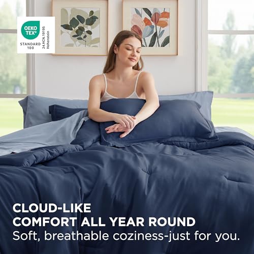 Bedsure Twin Comforter Set - 5 Pieces Navy Twin Bedding Set for All Seasons, Boho Contrasting Design Bed in a Bag with Comforter, Sheets, Pillowcase & Sham by Bedsure - Image 3