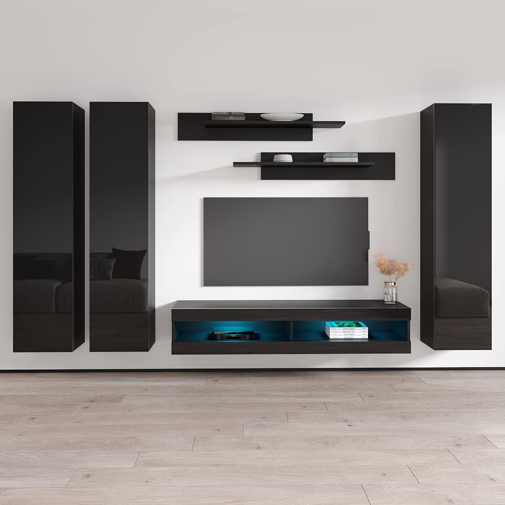 Meble Furniture Fly CD2 34TV Stand Wall-Mounted Entertainment Center — Floating Design with LED Lighting and Storage Shelves, 59.1 x 15.7 x 15.7 in — Black
