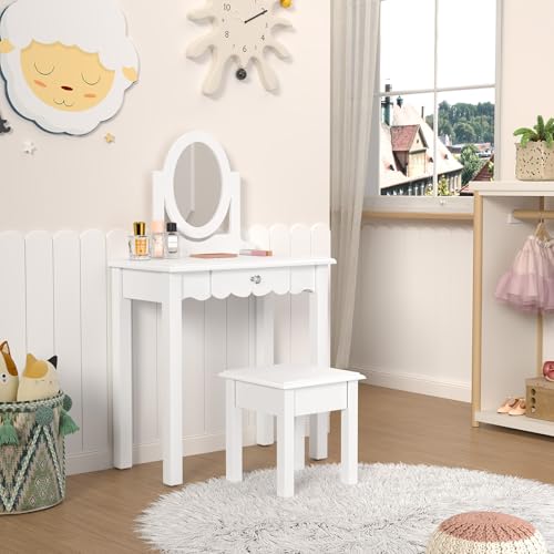 Image of HLR Kids Vanity, Girls Vanity Set with Mirror and Stool, Wooden 2 in 1 Princess Makeup Desk Dressing Table with Detachable Top, Toddler Vanity Dresser Set with Drawer for Little Girls, White