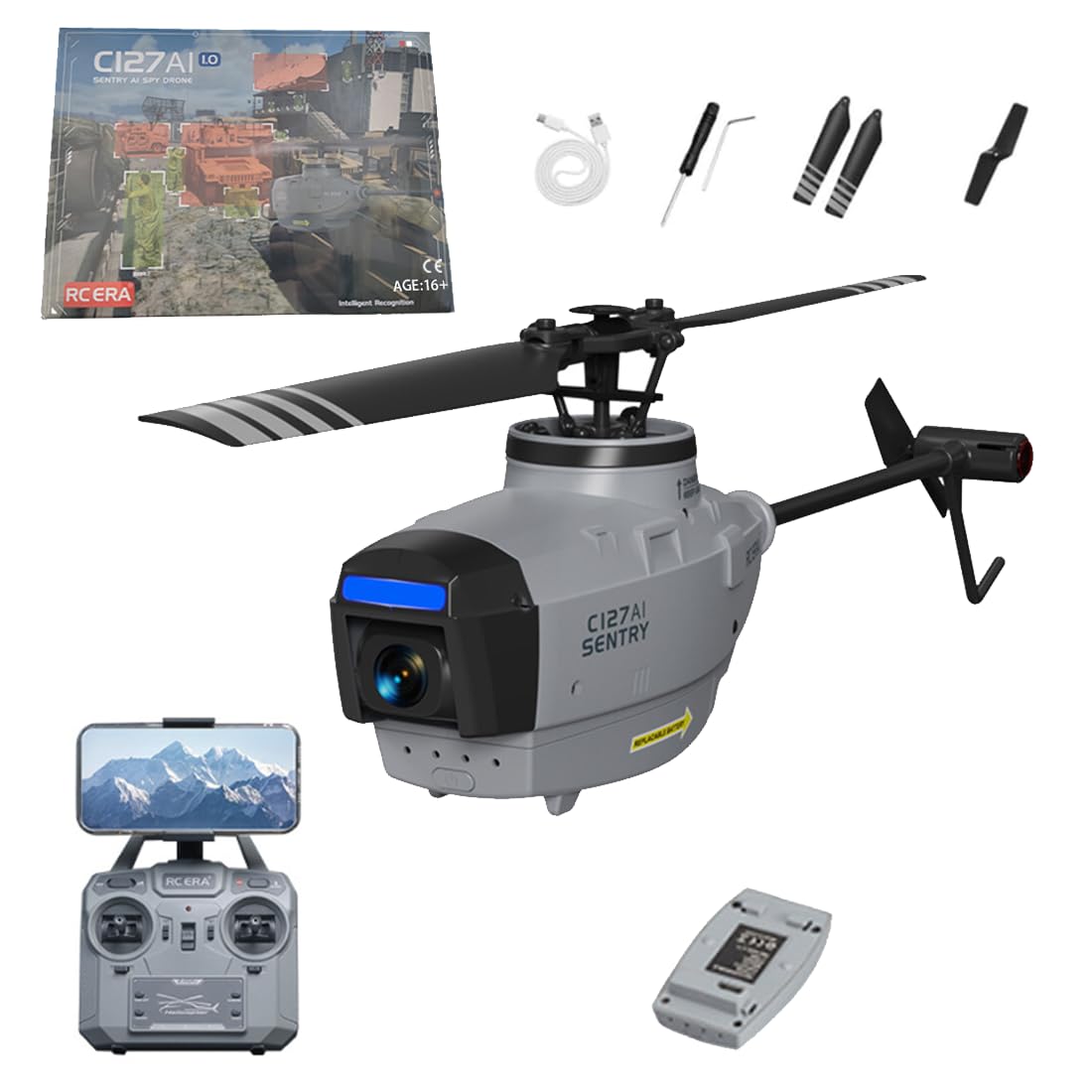 NULA C127AI RC Helicopter Toy with 1080P Camera, 2.4G RC 4CH 6-Axis Gyro Black Hornet Scout Drone Single-Rotor Brushless Helicopter for Beginner Adults Optical Flow Positioning -RTF Version