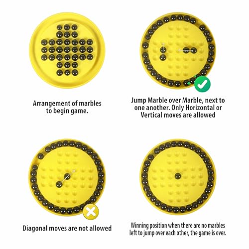 Image of Ankit Toys & Games Brainvita Marble Solitaire Puzzle Board Game for Kids Adults 6+ Years Peg Strategy Brain Teaser Educational Toy with Glass Marbles Travel Friendly Family Game (Yellow)
