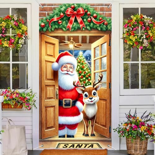 Image of BlissYard Christmas Door Banner Reindeer 35x71 Inch Polyester