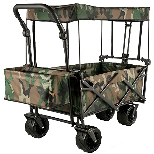 HARIPYER Robuster, zusammenklappbarer Bollerwagen mit abnehmbarem Verdeck – Mehrzweckwagen für Garten, Camping und Strand – Camouflage-Design