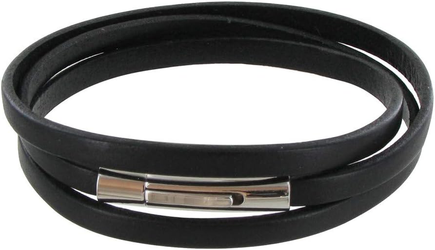 LES POULETTES JEWELS - Men's Bracelet Black Flat Leather Stainless Steel Clasp