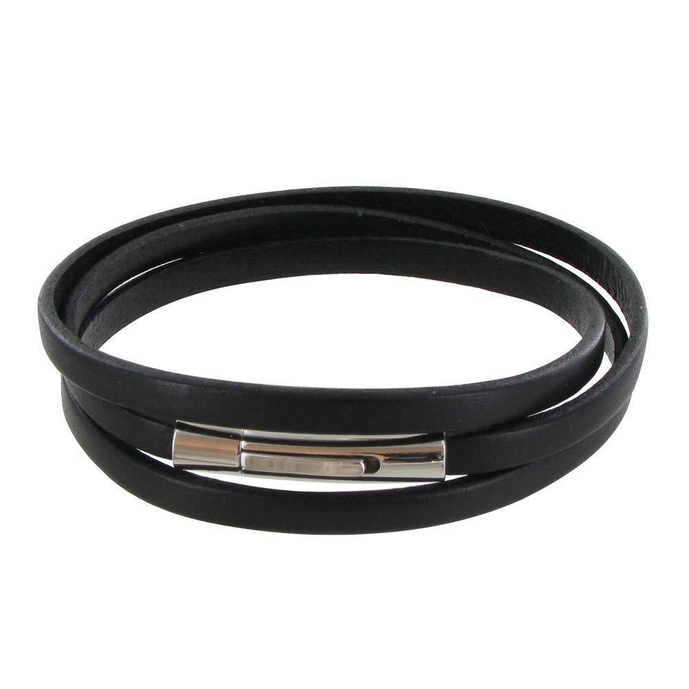 LES POULETTES JEWELS - Men's Bracelet Black Flat Leather Stainless Steel Clasp