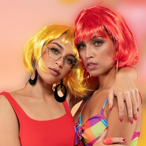 Image of LIULIUBTY Short Bob Hair Wigs Straight with Flat Bangs Synthetic Colorful Cosplay Daily Party Neon Wig for Women with Wig Cap 12 inch Natural As Real (Yellow)