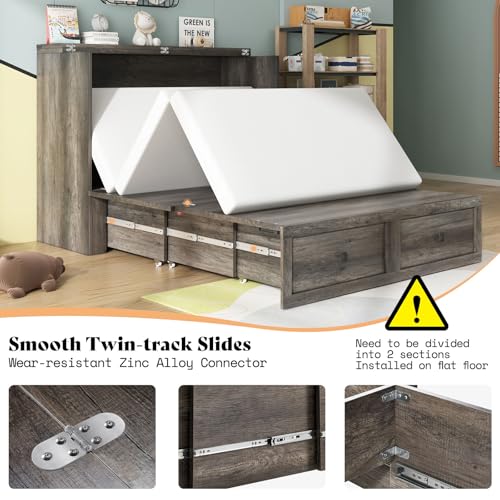 Image of AMERLIFE Full Murphy Bed with Storage & Charging Station, Farmhouse Murphy Cabinet with Foldable Panel, Noisy Free, for Guest Bedroom, Living Room, Office, Rustic Grey