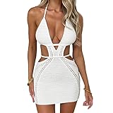 Women Sexy Backless Mini Dress Halter Crochet Knitted Beach Dress Tie Up Hollow Out Short Cover Up Dresses