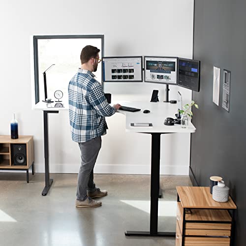 Image of VIVO Electric Height Adjustable 71 x 71 inch Curved Corner Stand Up Desk, White Table Top, Black Frame, Memory Controller, L-Shaped Workstation, E3C Series, DESK-KIT-E3CBW