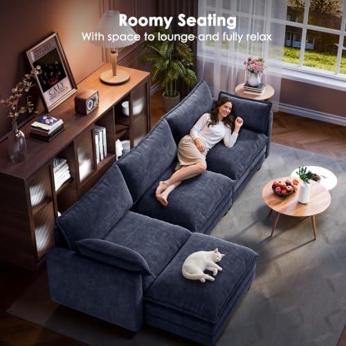 Image of Marsail 110.6 inch Modular Sectional Sofa, Cloud Deep Seat Couch, Navy Blue | U-Shaped Comfy Cloud Couch, 5-Seat Chenille Modern Sofa with Throw Pillow & Movable Ottoman for Living Room and Apartment