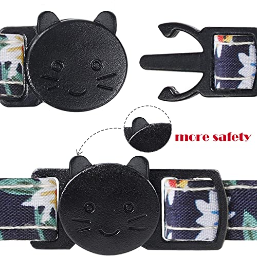 Image of Cat Collar Breakaway with Bells,Cute Cat Bow Tie,1 Pack Safety Kitten Plaid & Flower Collar for Girl Boy Male Cats(Dark Blue /Flower)