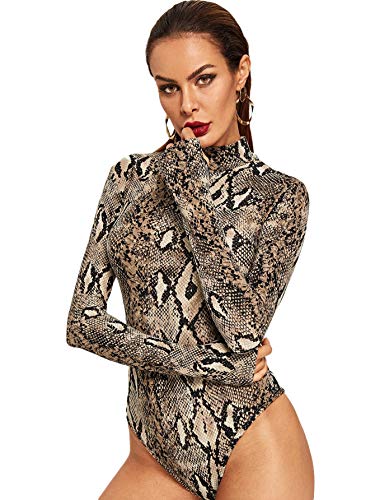 MakeMeChic Women's Pullover Snakeskin Tops Bodysuit Long Sleeves Jumpsuit Multi L