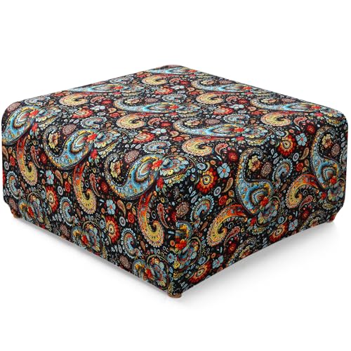 Image of YISUN Ottoman Cover Square, Stretch Printed Ottoman Slipcover Square, Thick Storage Ottoman Covers Washable Footrest Stool Cover Protector with Nonslip Elastic Bottom