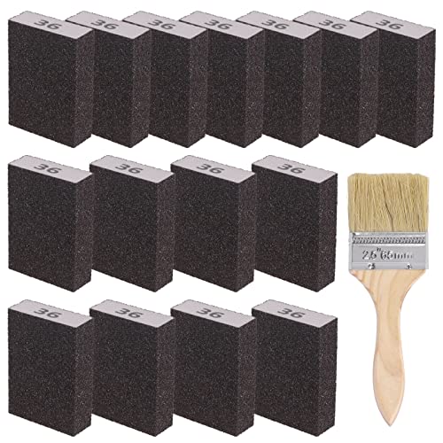 Glarks Kit de 16 éponges de ponçage grain 36, 15 pièces de 10 x 7 x 2,5 cm, blocs de ponçage lavables et réutilisables et 1 pinceau idéal pour le travail du bois, le polissage des cloisons sèches