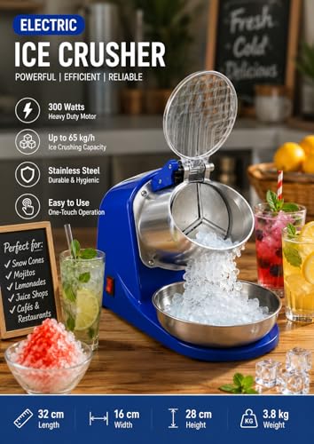 Image of Electric Ice Crusher Machine for Home & Commercial Use, Stainless Steel Heavy Duty Ice Shaver with 300W Motor, 65 kg /h Crushing Capacity, Portable Snow Cone Maker