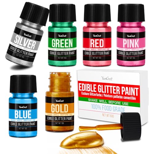 Edible Glitter Paint Set 6 Food Colors with Gold Blue Silver Green Red Pink Food Grade Liquid Luster Dust for Chocolate Drinks Cake Candy Shimmering Powder Glitter for Christmas Festival