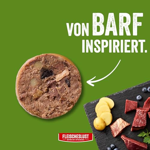 Fleischeslust Hundewurst | Wild & Rind mit Kartoffel & Heidelbeere | Futterbox (8x400g) | Nassfutter | schnittfest | getreidefrei | Alleinfuttermittel für ausgewachsene Hunde