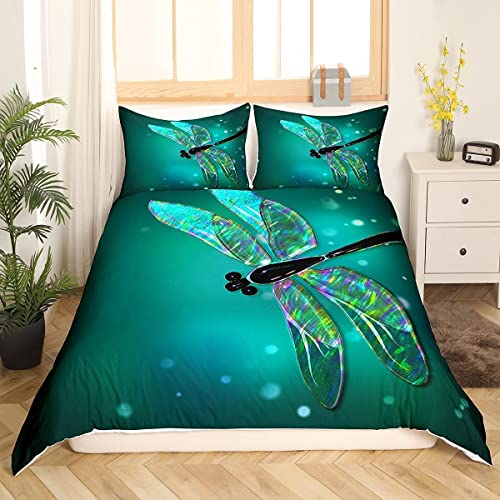 Loussiesd Dragonfly Duvet Cover Set Ultra Soft Dragonfly Comforter Set for Kids Women Adults Teal Dragonfly Bedding Set Nature Home Quilted Set Turquoise King Size - Image 3