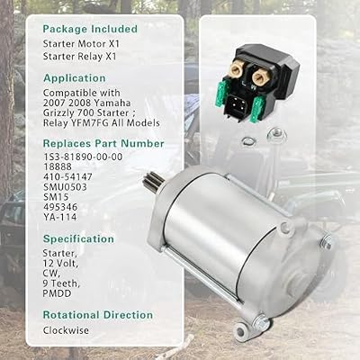 Starter & Relay Compatible with 2007 2008 Yamaha Grizzly 700 YFM7FG Replace # 1S3-81890-00-00 18888 410-54147 SMU0503 495346 Raptor 700 700R Rhino 700 Viking 700 Viking VI 700 Wolverine 700