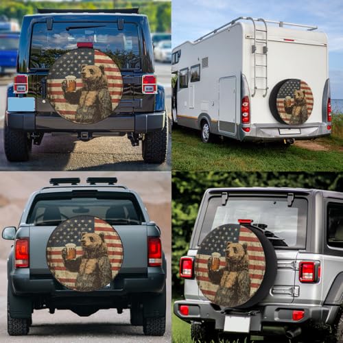 Image of Spare Tire Cover Bear American Flag Wheel Covers Protectors Waterproof Dust-Proof Universal Fit Trailer, RV, SUV and Many Vehicle (14 inch for tire Diameter 25.59 inch-27.16 inch)