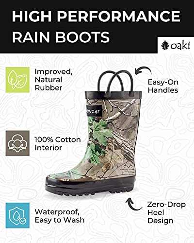 OAKI Toddler Rain Boots – Lightweight Waterproof Rubber Boots for Kids with Easy-On Handles – Durable Kids Outdoor Footwear, Xtra Green Camo, 9T Toddler