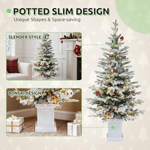 GOOBED 4.5ft Potted Pre-Lit Flocked Arctic Fir Pencil Christmas Tree with 358 PE & PVC Branch Tips, 100 LED Lights, 11 Artificial Berries, Slim Potted Christmas Tree for Home, Porch, or Living Room