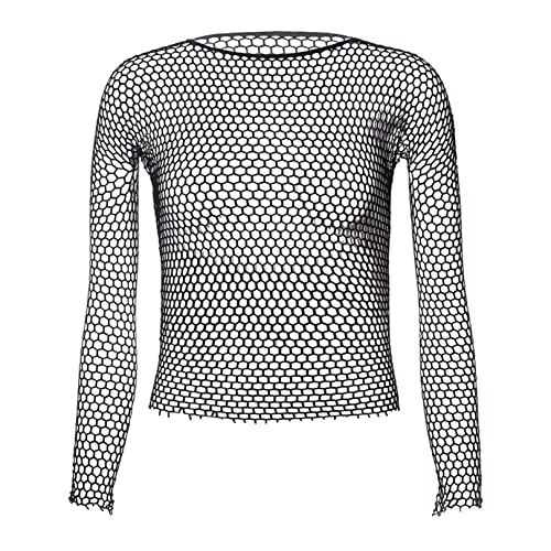 FEESHOW Men Fishnet Shirt Mesh Transparent Long Sleeve Muscle T-Shirt Net Undershirt Top