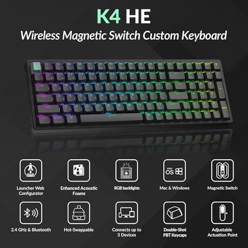 Image of Keychron K4 HE 96% Wireless Hall Effect Keyboard with Number Pad, Rapid Trigger Magnetic Switches, QMK Launcher, 2.4GHz /Bluetooth /Wired, Mac & Windows, Aluminum Frame, Black (Shine-Through)