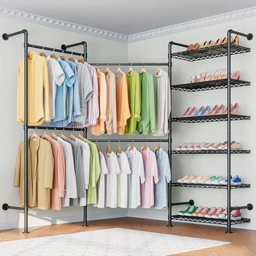 Taotigzu Télescope Porte-Vêtements Système,Porte Manteau Mural Industriel avec Étagère Ajustable,Tringle à Vêtementsen Métal,Barre de Tuyau de Rail de Suspension...