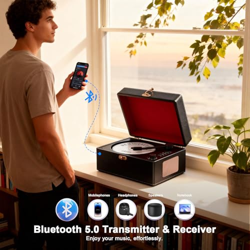 Image of Portable CD Player with Built-in Speaker, Vintage CD Players for Home, Bluetooth CD Music Player with AUX /Headphone Jack, Retro Black Style for Bedroom, Desk, Dorm, Gift for Women and Teens