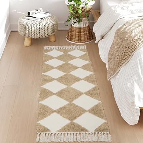Collive Checkered Boho Runner Rugs for Bedroom, 2x6 Cotton Hand-Woven Rug Washable Bathroom Runner Rug with Tassels, Modern Bedside Rug Farmhouse Carpet for Hallway Entryway Laundry Kitchen, Khaki Cover