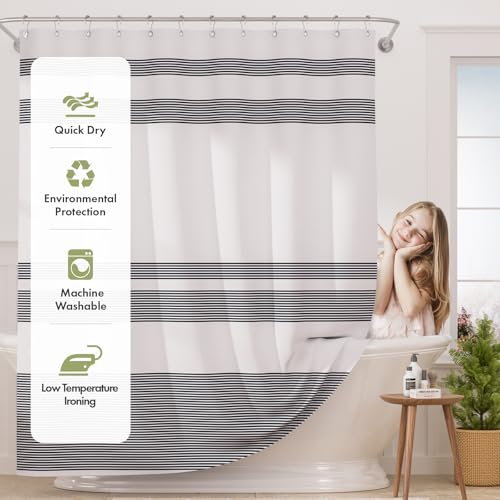 Image of AmazerBath Navy Blue Shower Curtain, Blue and White Striped Bathroom Shower Curtain with 12 Shower Curtain Hooks, Rustic Fabric Blue and White, 72x72 Inches