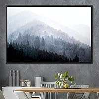 Framed Canvas Wall Art Foggy Mountains Aerial Cool Multicolor Nature Photography Realism Relax/Calm Rustic Wilderness - 16x24 inches