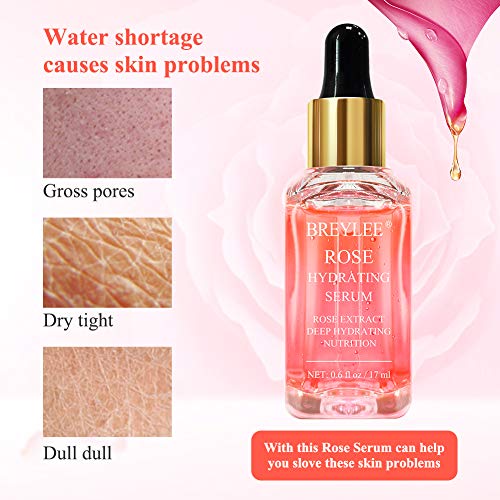 Rose Face Serum, BREYLEE Moisturizing Serum Hydrating Face Serum Rose Essence with Rose Petals Extract Hyaluronic Acid Trehalose B5 Vitamin Alcohol Free Facial Skin Care(17ml)