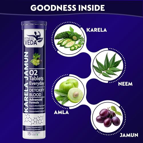 Image of FITNESS VEDA Karela Jamun Effervescent Tablets - Ayurvedic Formula for Blood Sugar Control - Supports Digestion, Glucose Metabolism & Heart Health - Pack of 2 (15x2) Tablets | Fizz & Drink