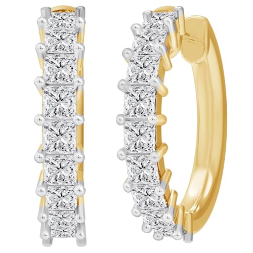 Dewberry 14k White or Yellow Gold Plated 925 Sterling Silver Hoop Earrings For Women | 1CT-2CT Lab Grown Baguette Or Princess Cut Diamond Hypoallergenic Hoop Earrings (Clarity: VS, Color: FG)