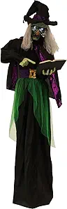 Haunted Hill Farm Life-Size Scary Talking Witch Holding Spell Book, Halloween Animatronic with Touch Activated Lights and Sound, Battery Operated Indoor or Covered Outdoor Halloween Decorations